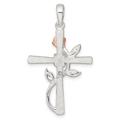 Sterling Silver E-Coat Polished Cross with CZ and Rose-tone Rose Pendant