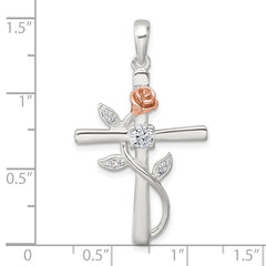Sterling Silver E-Coat Polished Cross with CZ and Rose-tone Rose Pendant