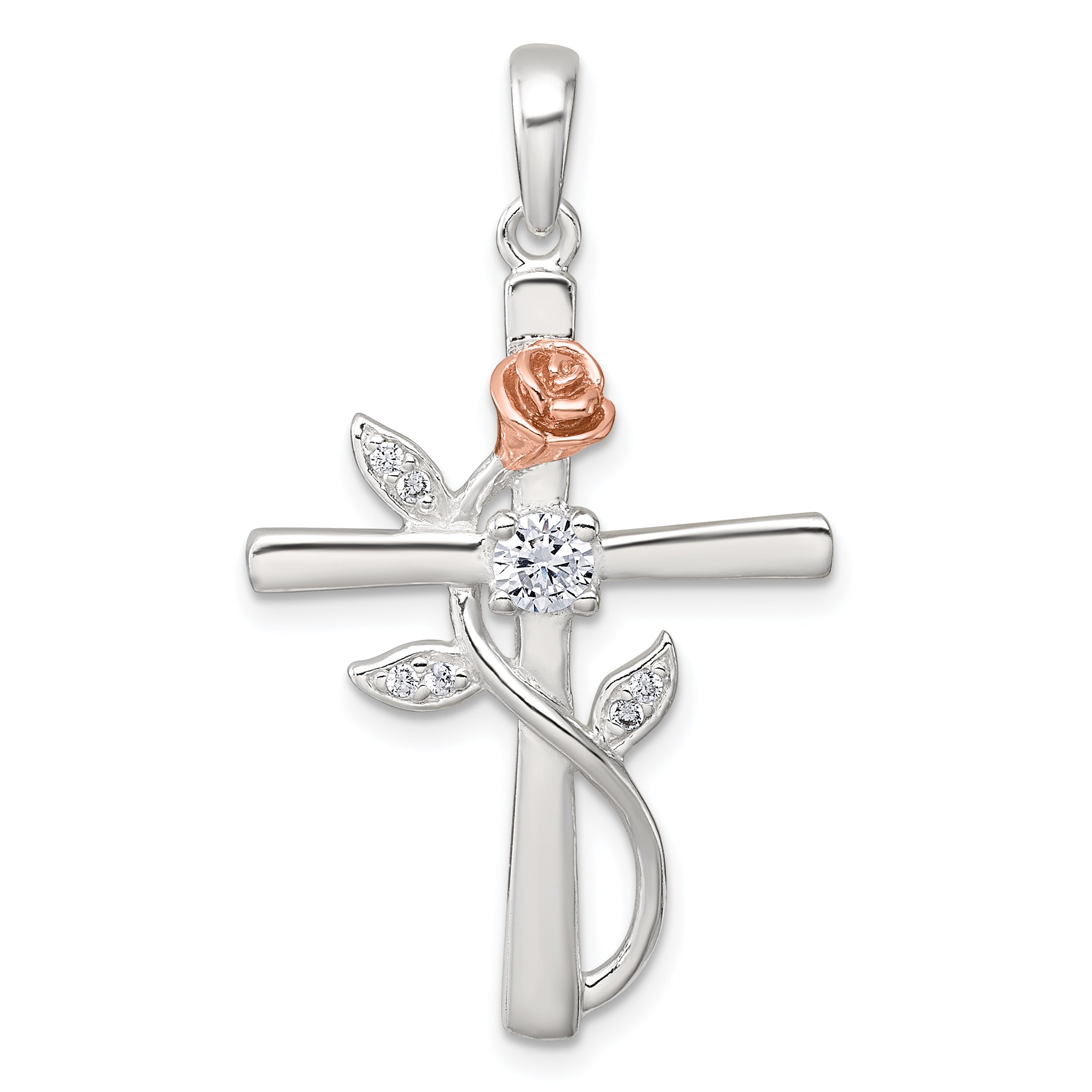 Sterling Silver E-Coat Polished Cross with CZ and Rose-tone Rose Pendant