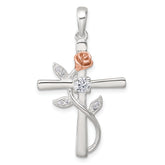 Sterling Silver E-Coat Polished Cross with CZ and Rose-tone Rose Pendant
