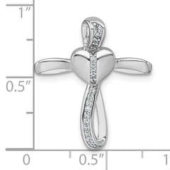 Sterling Silver Rhodium-plated Polished CZ Heart Cross Chain Slide Pendant