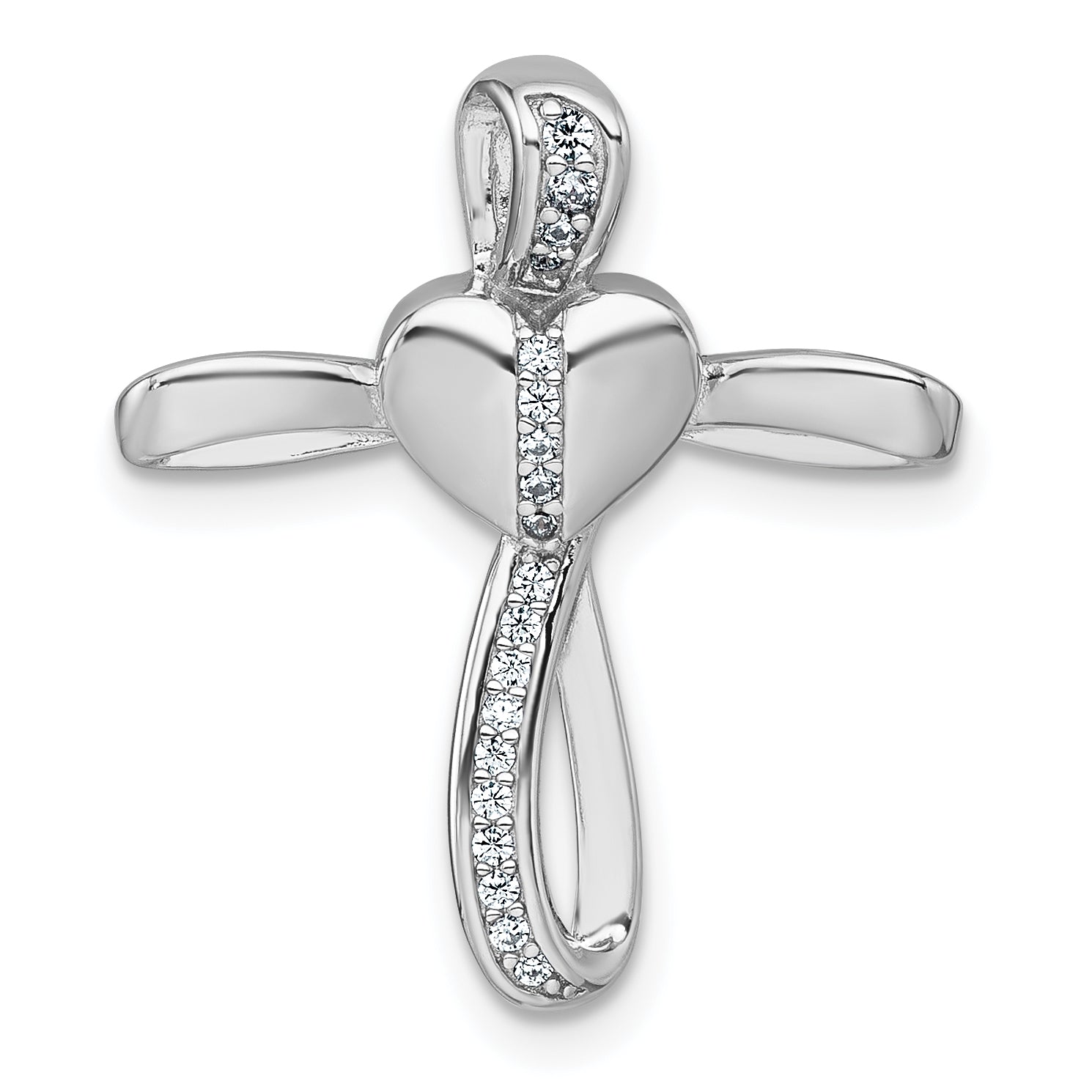 Sterling Silver Rhodium-plated Polished CZ Heart Cross Chain Slide Pendant