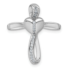 Sterling Silver Rhodium-plated Polished CZ Heart Cross Chain Slide Pendant