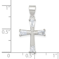 Sterling Silver Polished Tapered Baguette CZ Cross Pendant