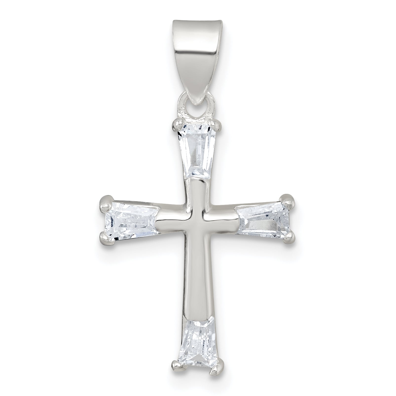 Sterling Silver Polished Tapered Baguette CZ Cross Pendant