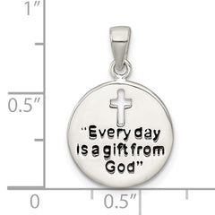Sterling Silver Polished Black Enamel EVERY DAY IS A GIFT FROM GOD Cut Out Cross Disc Pendant