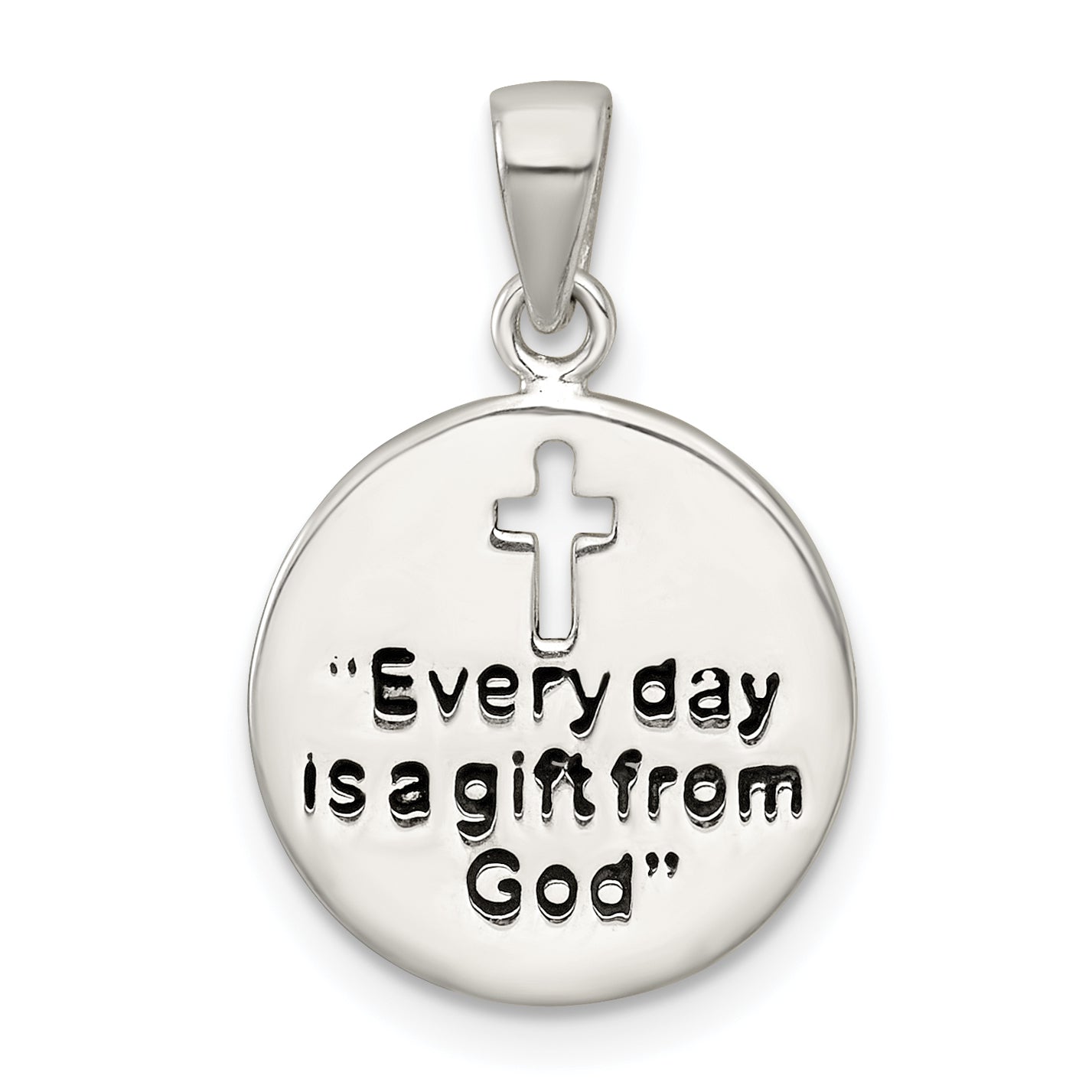 Sterling Silver Polished Black Enamel EVERY DAY IS A GIFT FROM GOD Cut Out Cross Disc Pendant