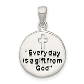 Sterling Silver Polished Black Enamel EVERY DAY IS A GIFT FROM GOD Cut Out Cross Disc Pendant