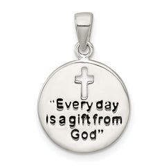Sterling Silver Polished Black Enamel EVERY DAY IS A GIFT FROM GOD Cut Out Cross Disc Pendant