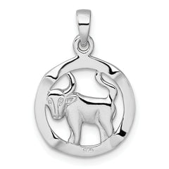 Sterling Silver Rhodium-plated Polished Reversible Taurus Bull in Circle Zodiac Pendant