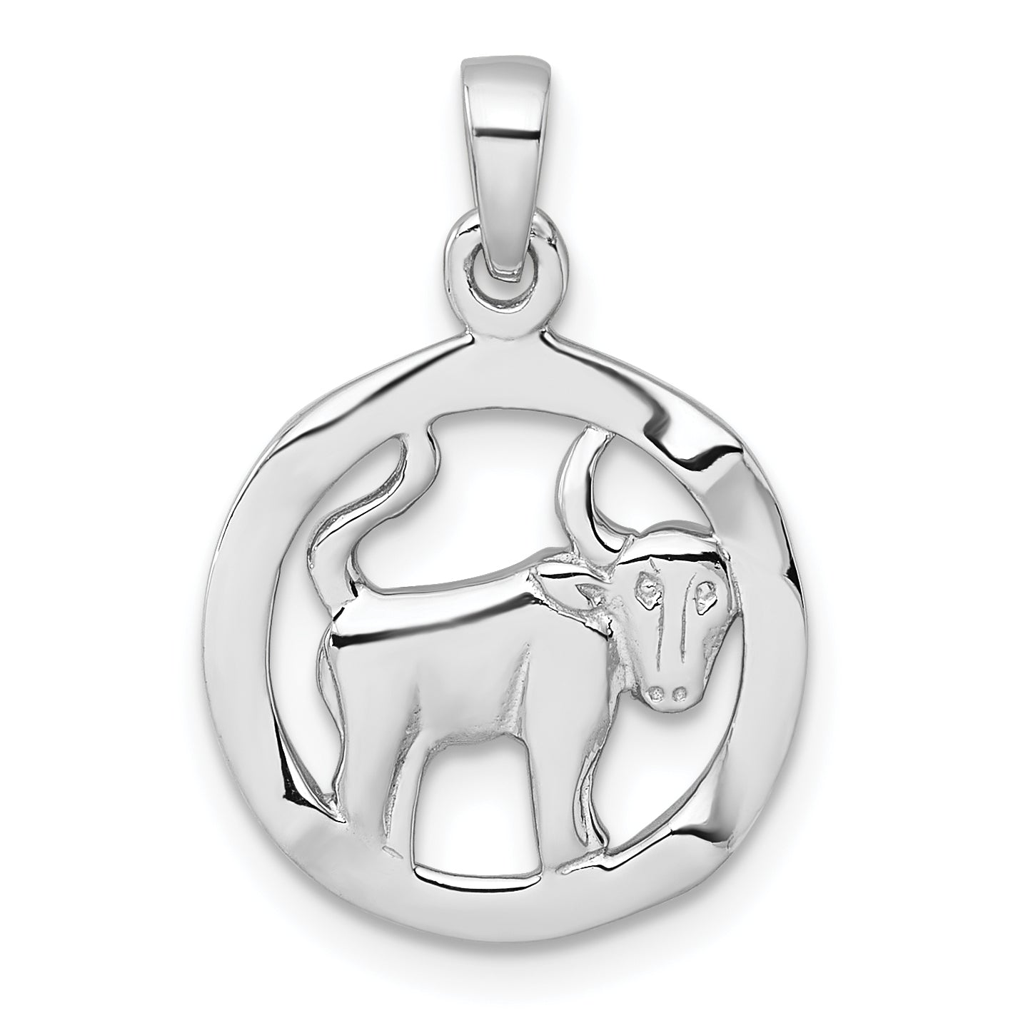 Sterling Silver Rhodium-plated Polished Reversible Taurus Bull in Circle Zodiac Pendant
