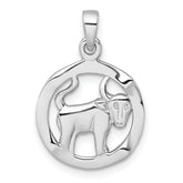 Sterling Silver Rhodium-plated Polished Reversible Taurus Bull in Circle Zodiac Pendant