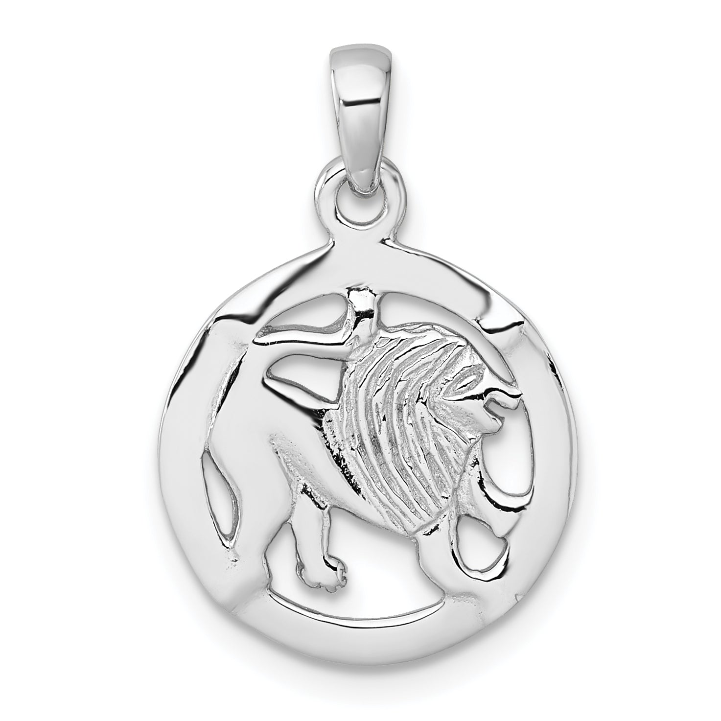 Sterling Silver Rhodium-plated Polished Reversible Leo Lion in Circle Zodiac Pendant