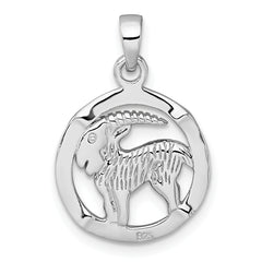 Sterling Silver Rhodium-plated Polished Reversible Capricorn Goat in Circle Zodiac Pendant