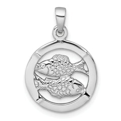 Sterling Silver Rhodium-plated Polished Reversible Pisces Fish in Circle Zodiac Pendant