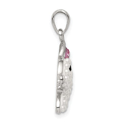 Sterling Silver Rhodium-Plated Rabbit Pendant with Simulated Pearl and Pink Crystal