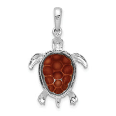 De-Ani Sterling Silver Rhodium-plated Polished Enameled Brown Sea Turtle Pendant