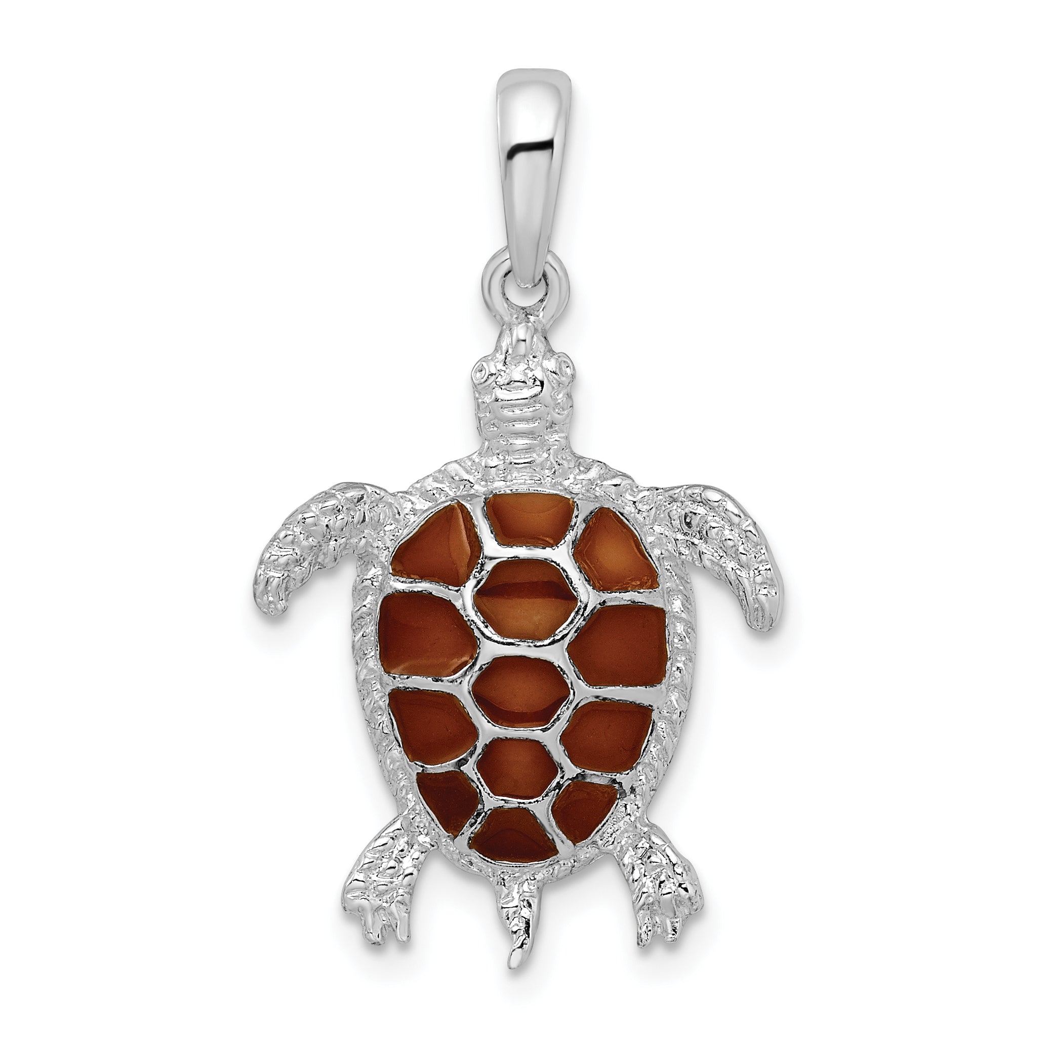 De-Ani Sterling Silver Rhodium-plated Polished Enameled Brown Sea Turtle Pendant
