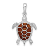 De-Ani Sterling Silver Rhodium-plated Polished Enameled Brown Sea Turtle Pendant