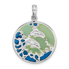 De-Ani Sterling Silver Rhodium-Plated Polished Enameled Dolphins Pendant