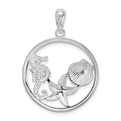 De-Ani Sterling Silver Rhodium-plated Polished Sea Life Round Pendant