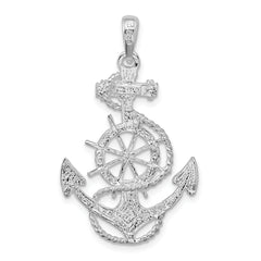 De-Ani Sterling Silver Rhodium-Plated Polished Anchor with Ships Wheel Pendant