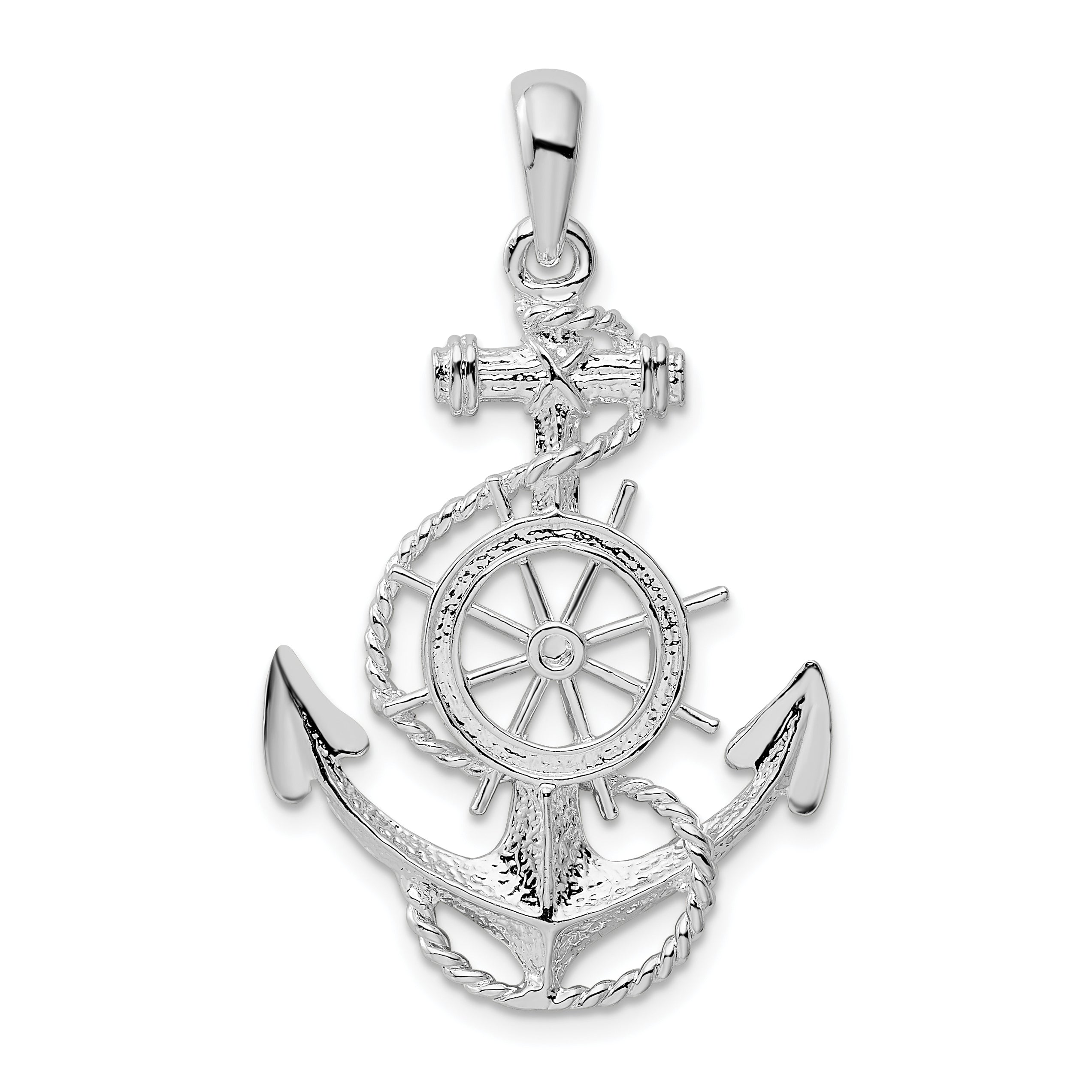 De-Ani Sterling Silver Rhodium-Plated Polished Anchor with Ships Wheel Pendant