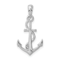 De-Ani Sterling Silver Rhodium-Plated Polished and Textured 3D Anchor with Rope Pendant