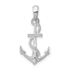 De-Ani Sterling Silver Rhodium-Plated Polished and Textured 3D Anchor with Rope Pendant