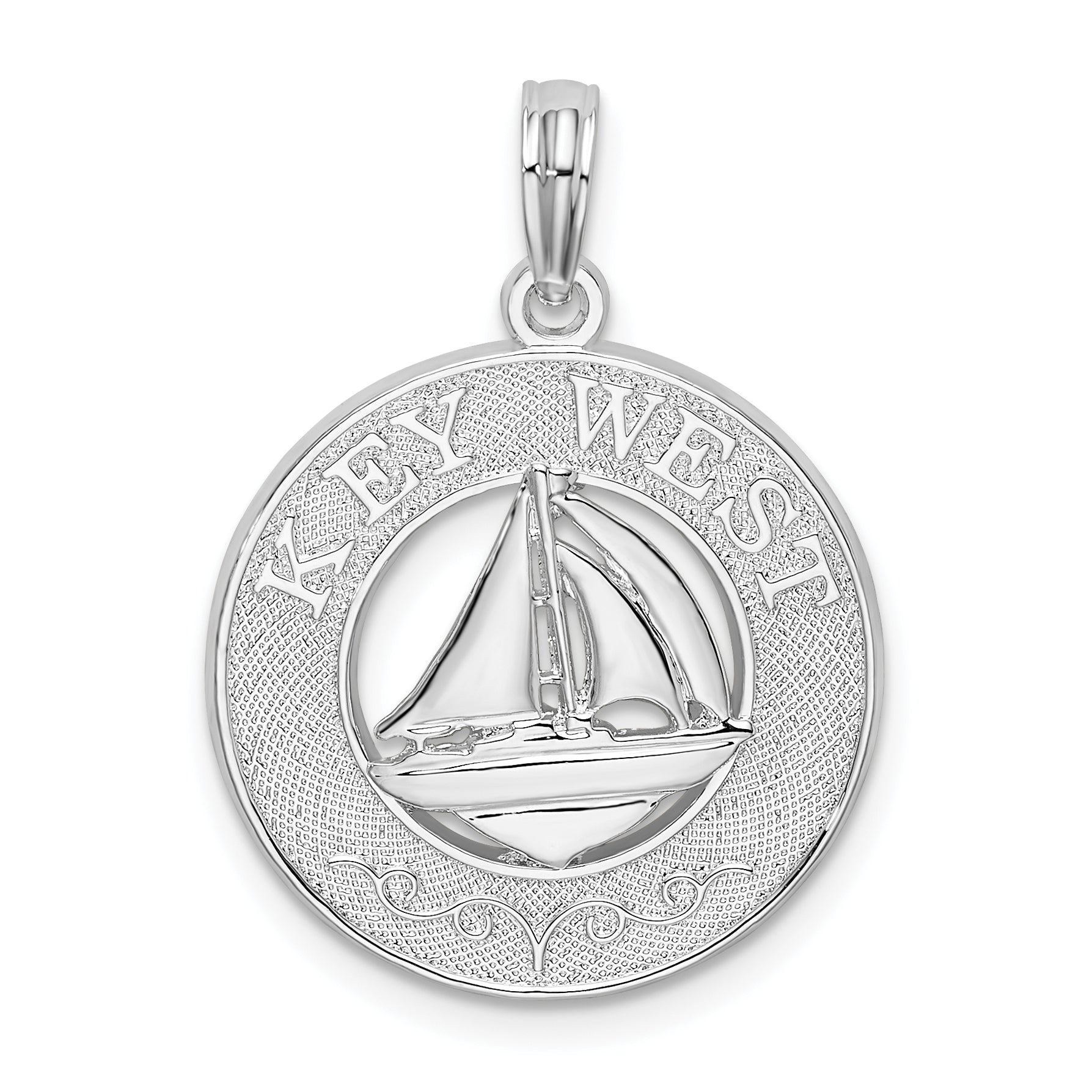 De-Ani Sterling Silver Rhodium-Plated Textured Key West with Sailboat Pendant