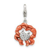 Amore La Vita Sterling Silver Rhodium-plated Antiqued Enameled Crystal Heart Crab Charm with Fancy Lobster Clasp