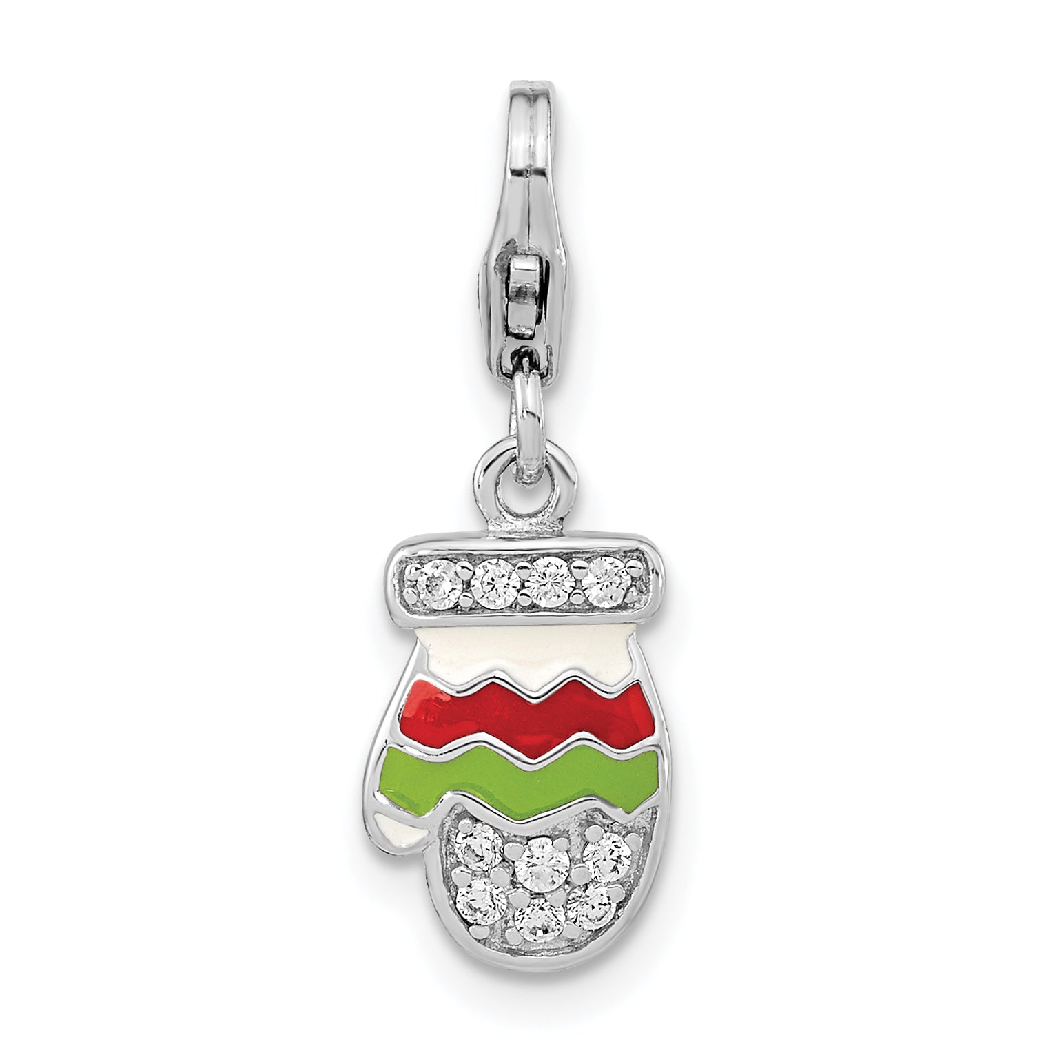 Amore La Vita Sterling Silver Rhodium-plated Polished CZ Enameled Mitten Charm with Fancy Lobster Clasp
