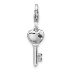 Amore La Vita Sterling Silver Rhodium-plated 3-D Red Enameled Heart Key and CZ Charm with Fancy Lobster Clasp