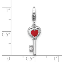 Amore La Vita Sterling Silver Rhodium-plated 3-D Red Enameled Heart Key and CZ Charm with Fancy Lobster Clasp
