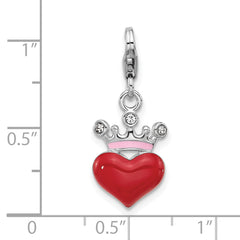 Amore La Vita Sterling Silver Rhodium-plated Red Enameled Heart Wearing Crystal Enameled Pink Crown Charm with Fancy Lobster Clasp