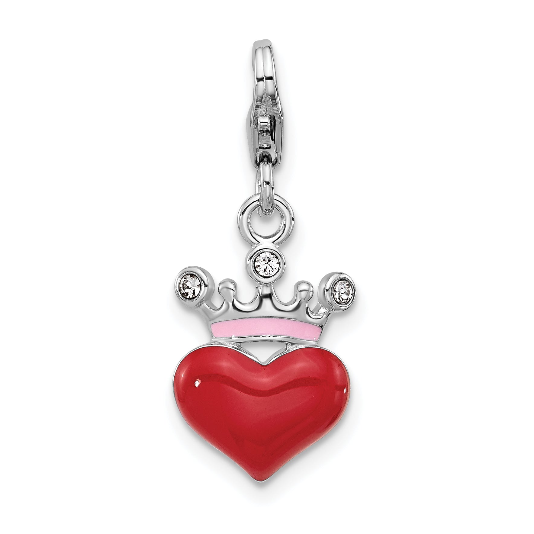 Amore La Vita Sterling Silver Rhodium-plated Red Enameled Heart Wearing Crystal Enameled Pink Crown Charm with Fancy Lobster Clasp