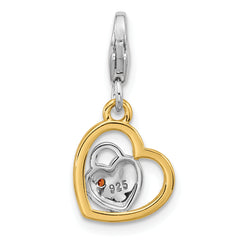 Amore La Vita Sterling Silver Rhodium and Gold-plated Heart Shaped Lock with Red CZ and Love Inside Heart with White CZ Charm with Fancy Lobster Clasp