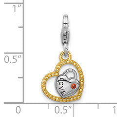 Amore La Vita Sterling Silver Rhodium and Gold-plated Heart Shaped Lock with Red CZ and Love Inside Heart with White CZ Charm with Fancy Lobster Clasp