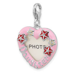 Amore La Vita Sterling Silver Rhodium-plated Pink Enameled Heart with Red and White Enameled Stars and Daughter Photo Frame Charm with Fancy Lobster Clasp