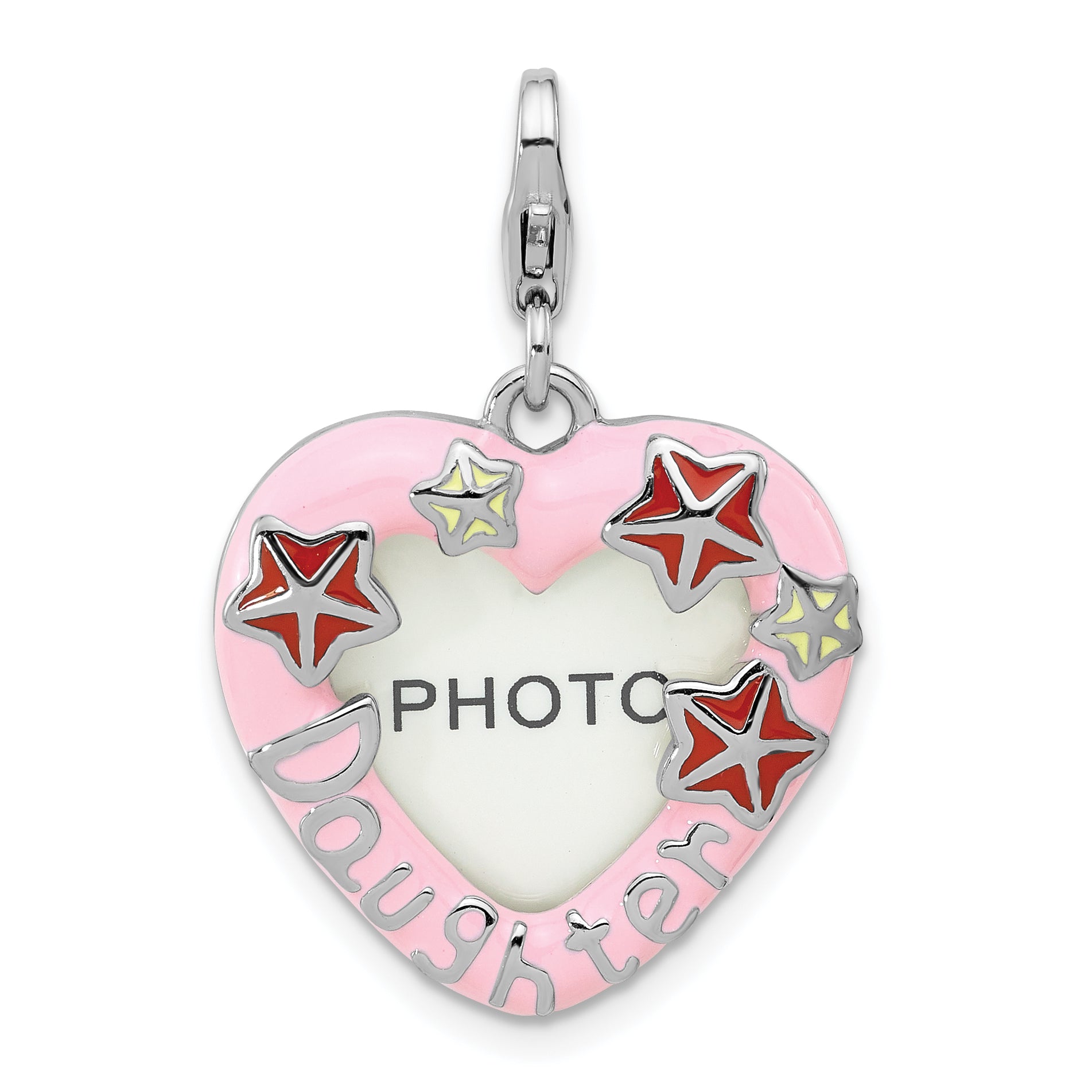 Amore La Vita Sterling Silver Rhodium-plated Pink Enameled Heart with Red and White Enameled Stars and Daughter Photo Frame Charm with Fancy Lobster Clasp