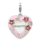 Amore La Vita Sterling Silver Rhodium-plated Pink Enameled Heart with Red and White Enameled Stars and Daughter Photo Frame Charm with Fancy Lobster Clasp