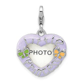 Amore La Vita Sterling Silver Rhodium-plated Purple Enameled Heart with Green and Yellow Enameled Butterflies and Little Princess Photo Frame Charm with Fancy Lobster Clasp