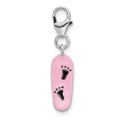 Amore La Vita Sterling Silver Rhodium-plated Pink Enameled Skate Board with Black Enameled Foot Prints Charm with Fancy Lobster Clasp