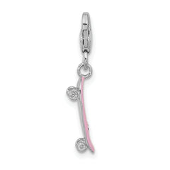 Amore La Vita Sterling Silver Rhodium-plated Pink Enameled Skate Board with Black Enameled Foot Prints Charm with Fancy Lobster Clasp