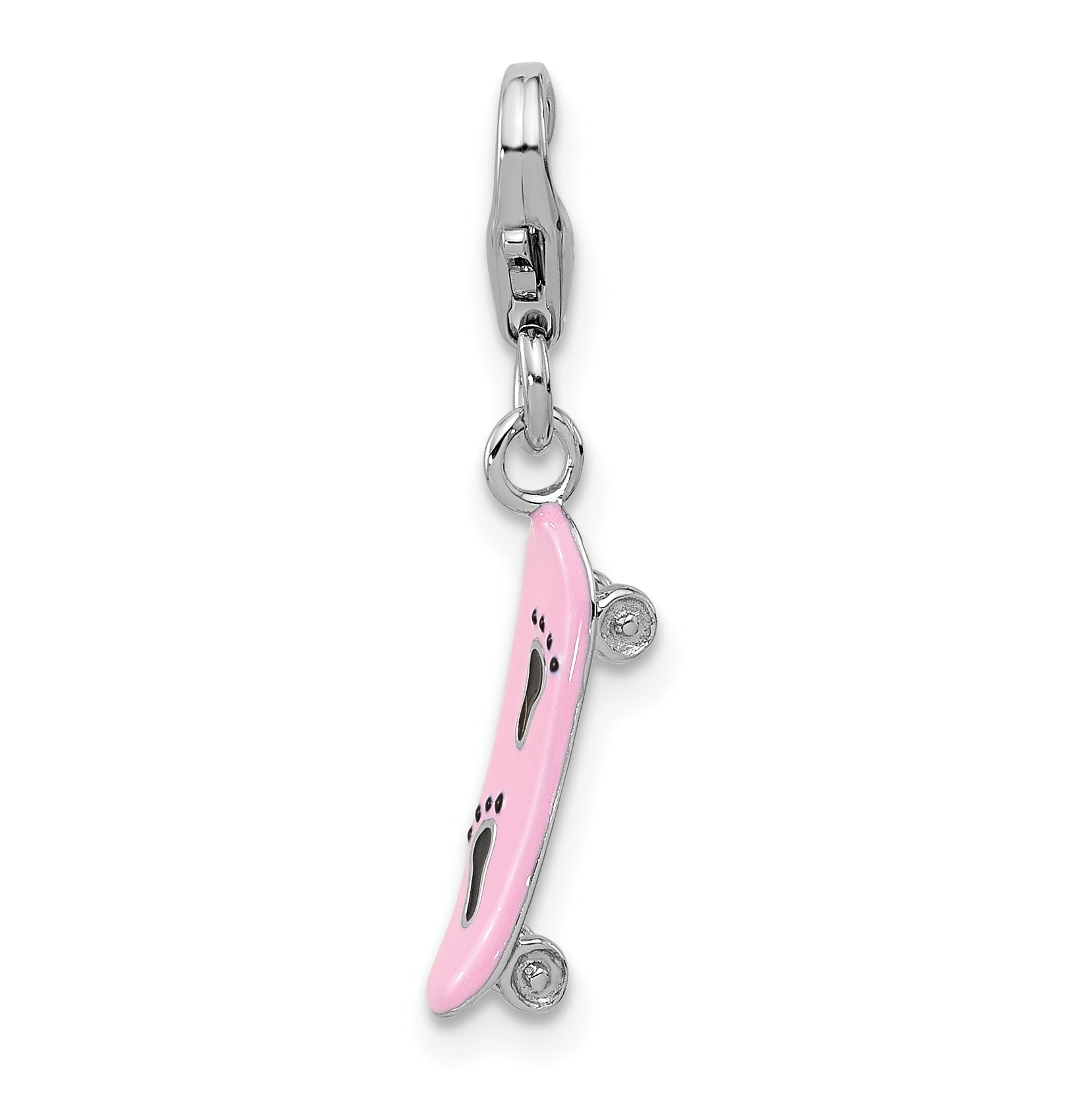 Amore La Vita Sterling Silver Rhodium-plated Pink Enameled Skate Board with Black Enameled Foot Prints Charm with Fancy Lobster Clasp