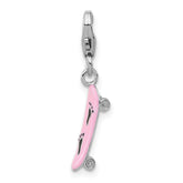 Amore La Vita Sterling Silver Rhodium-plated Pink Enameled Skate Board with Black Enameled Foot Prints Charm with Fancy Lobster Clasp