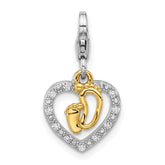 Amore La Vita Sterling Silver Rhodium and Gold-plated Baby Feet Inside Heart with CZ Charm with Fancy Lobster Clasp