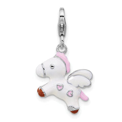 Amore La Vita Sterling Silver Rhodium-plated White/Pink/Black and Red Enameled Pegasus Charm with Fancy Lobster Clasp