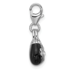 Amore La Vita Sterling Silver Rhodium-plated 3-D Black Enameled Purse with Flowers and White Crystal On Bag Charm with Fancy Lobster Clap