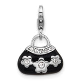 Amore La Vita Sterling Silver Rhodium-plated 3-D Black Enameled Purse with Flowers and White Crystal On Bag Charm with Fancy Lobster Clap